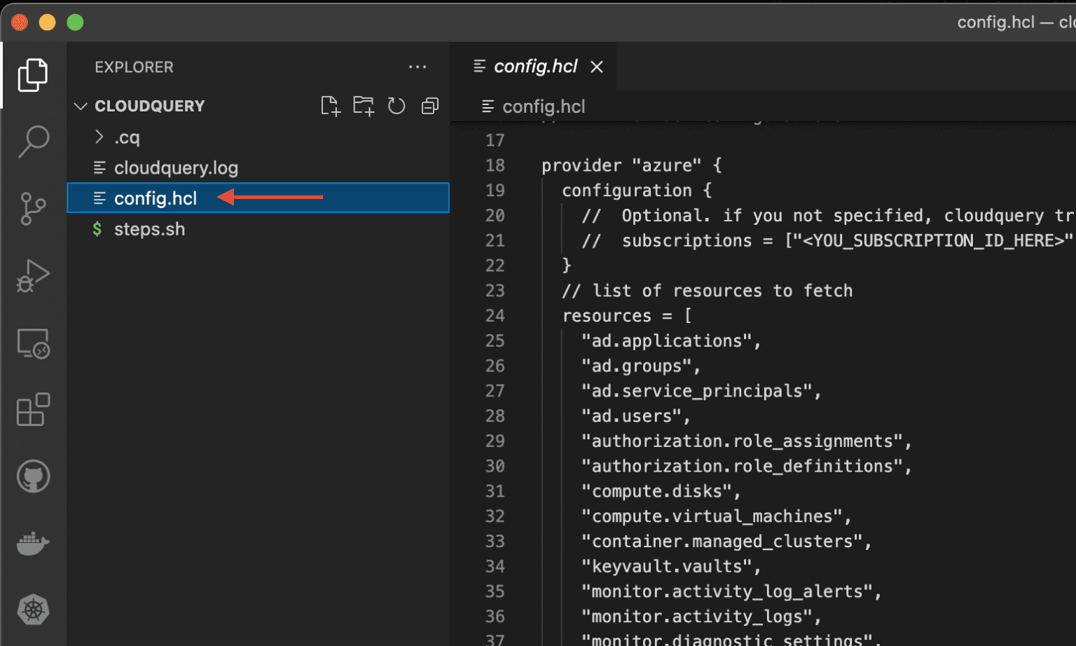 cloudquery init generates the config.hcl file