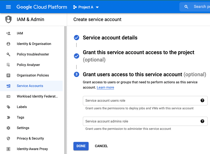 Grant specific users access to the service account, this is optional