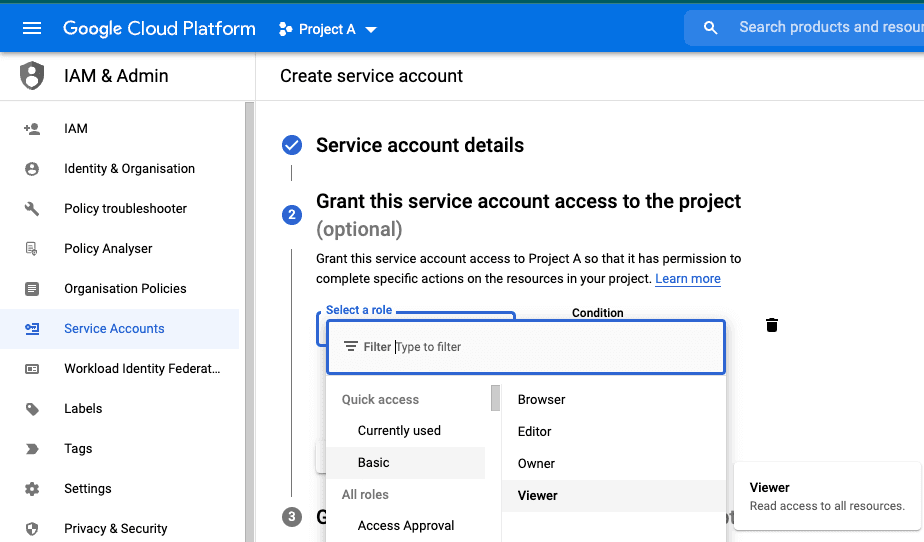 Select the level of permissions for the service account